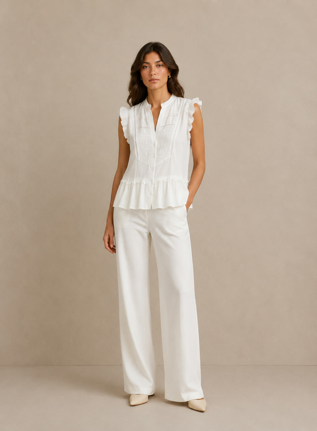 Blusa Bordada Blanca Cuello Mao - vista frontal