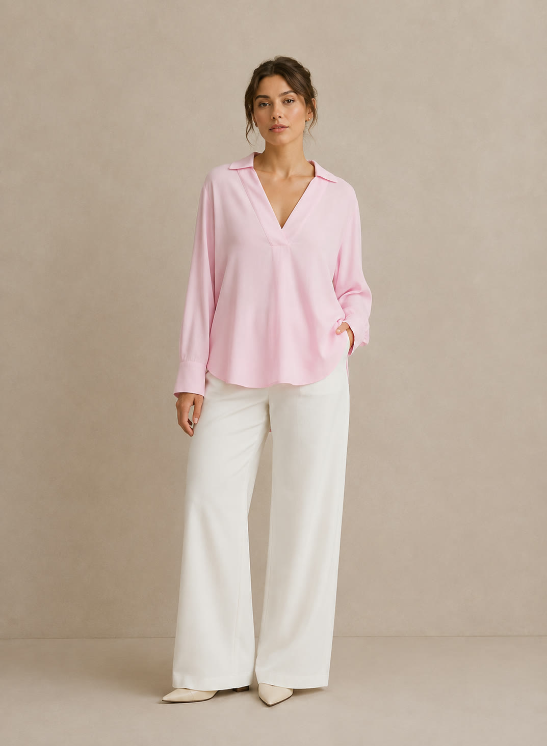 Blusa Popover Rosa Cuello Pico - vista frontal
