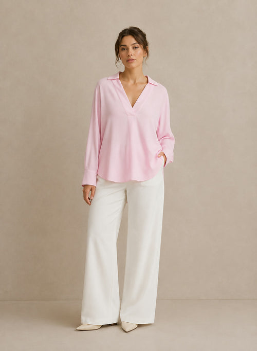 Blusa Popover Rosa Cuello Pico - vista frontal
