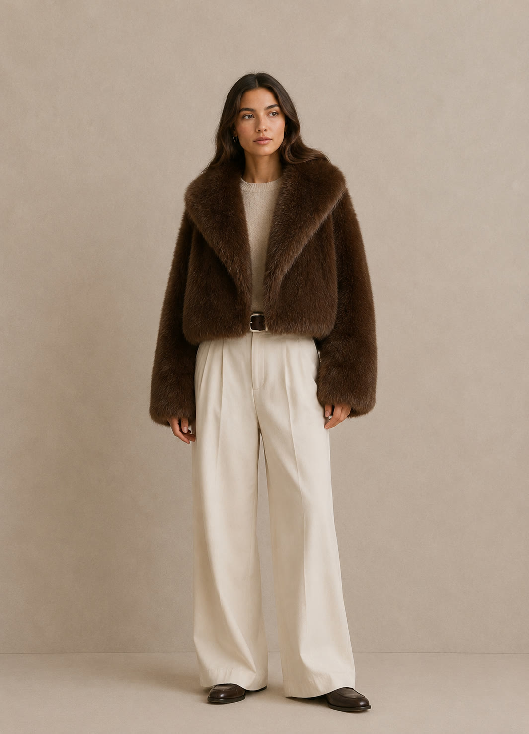Chaqueta Pelo Marrón Solapa Cinturón - vista frontal