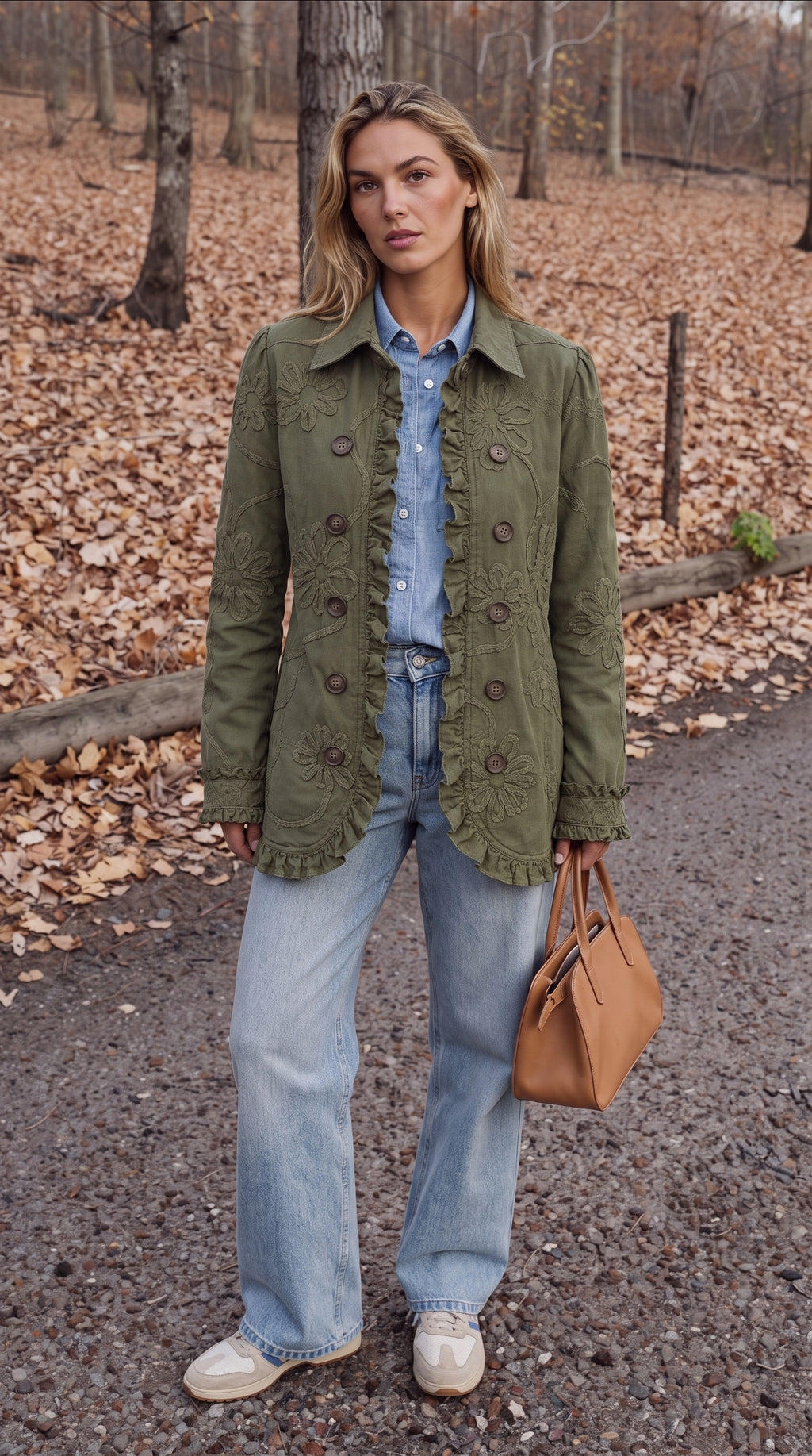 Chaqueta utilitaria de estilo bohemio-chic con bordado floral y volantes - vista frontal