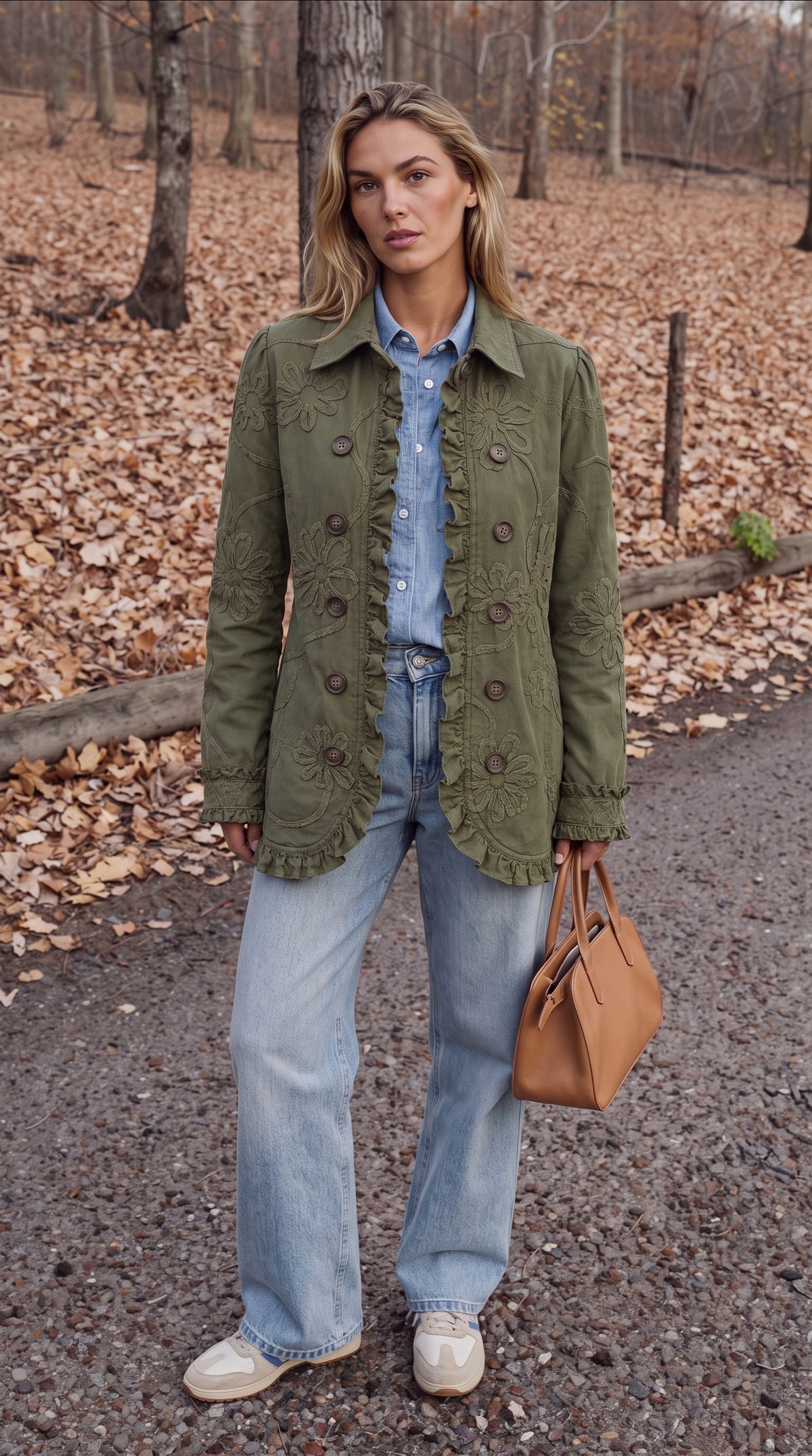 Chaqueta utilitaria de estilo bohemio-chic con bordado floral y volantes - vista frontal