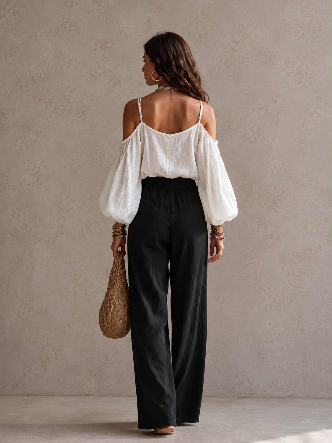 Conjunto Bohemio Top Crudo y Palazzo Negro - vista trasera