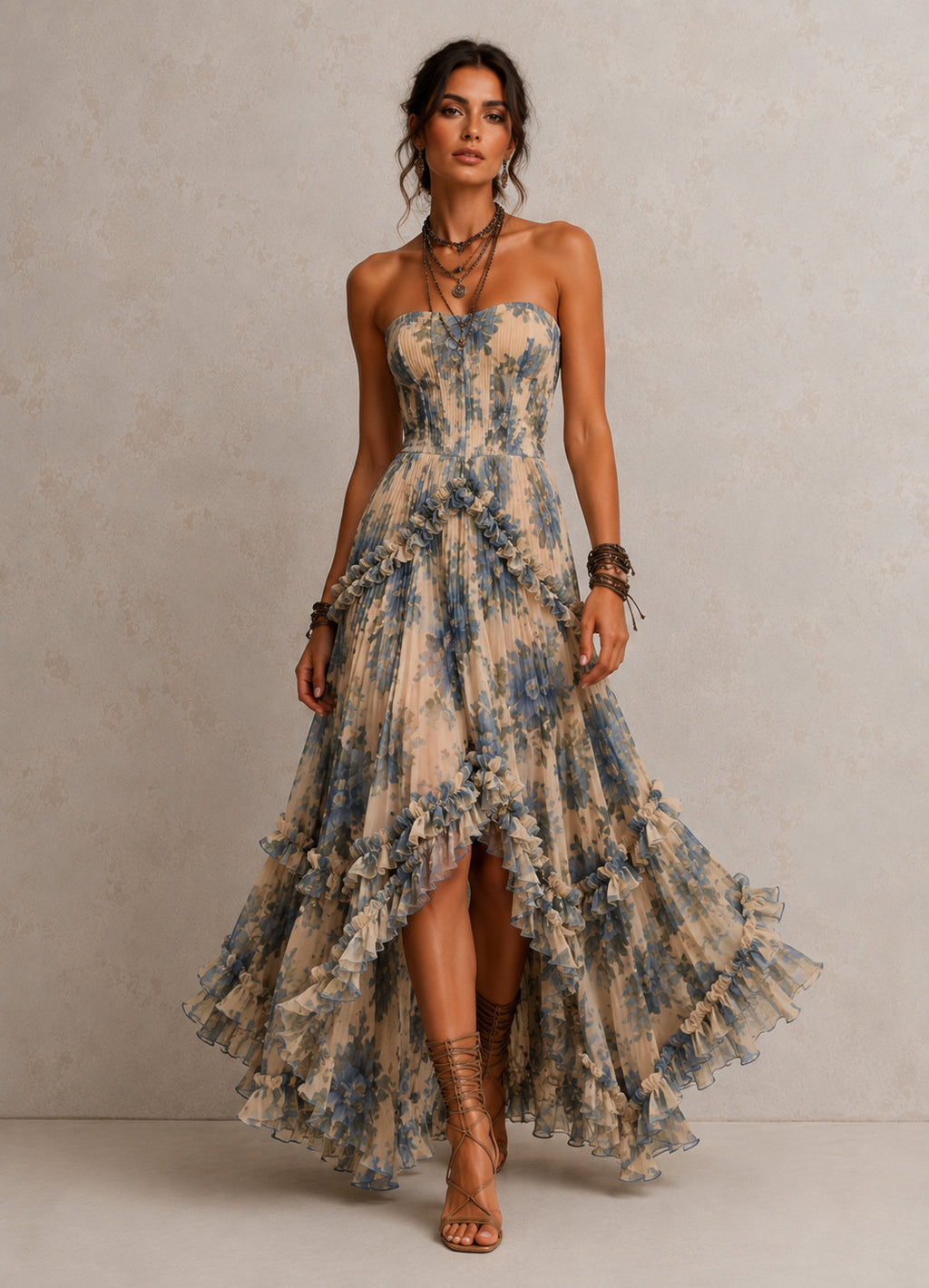Vestido Largo Floral Volante Asimétrico - vista frontal