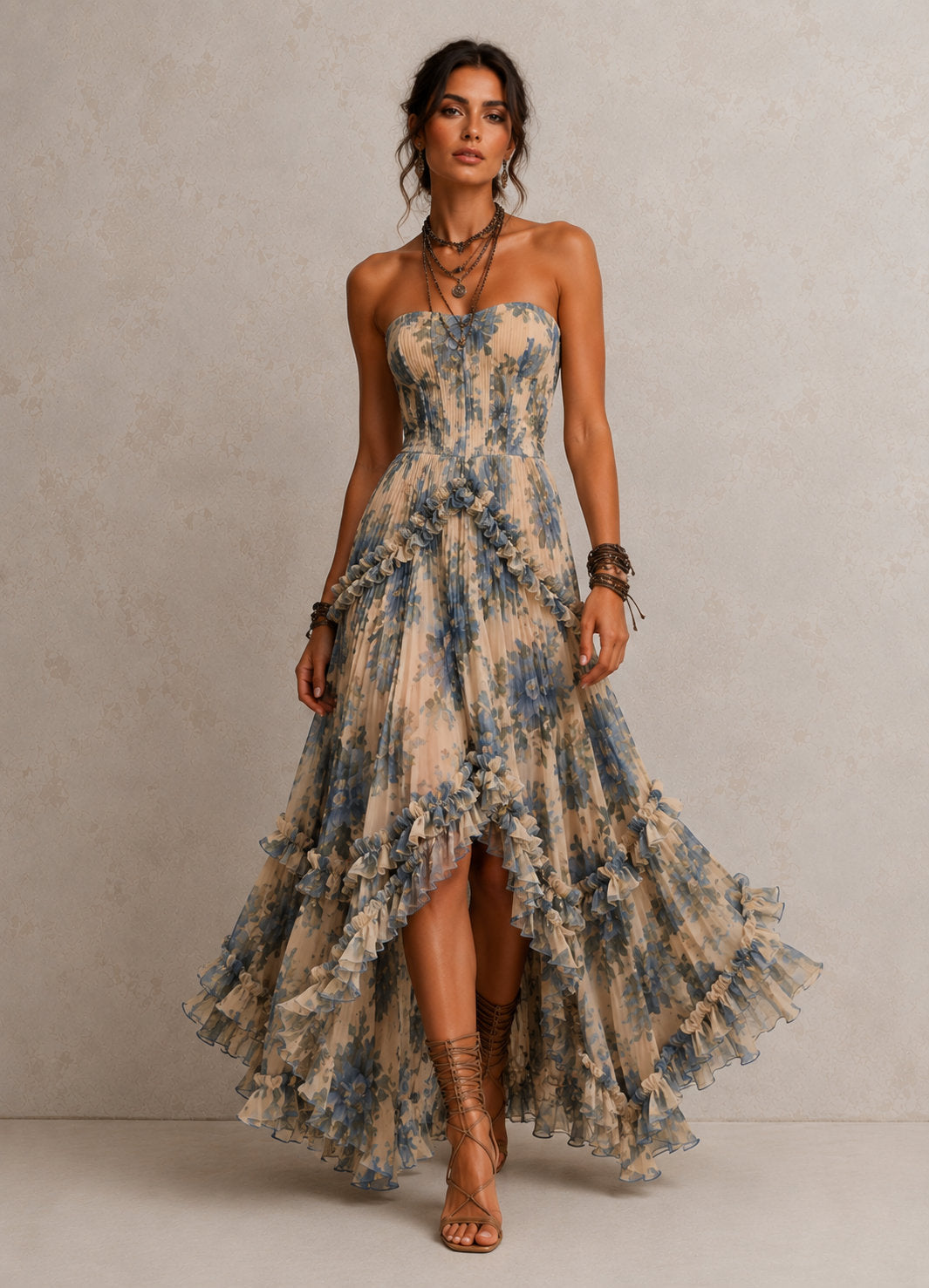 Vestido Largo Floral Volante Asimétrico - vista frontal