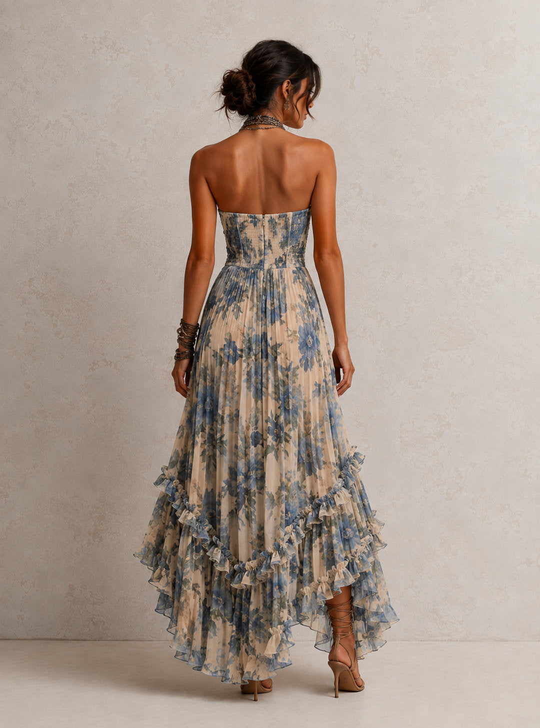Vestido Largo Floral Volante Asimétrico - vista trasera