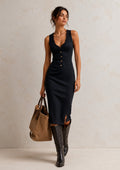 Vestido Midi Canalé Negro con Encaje - vista frontal