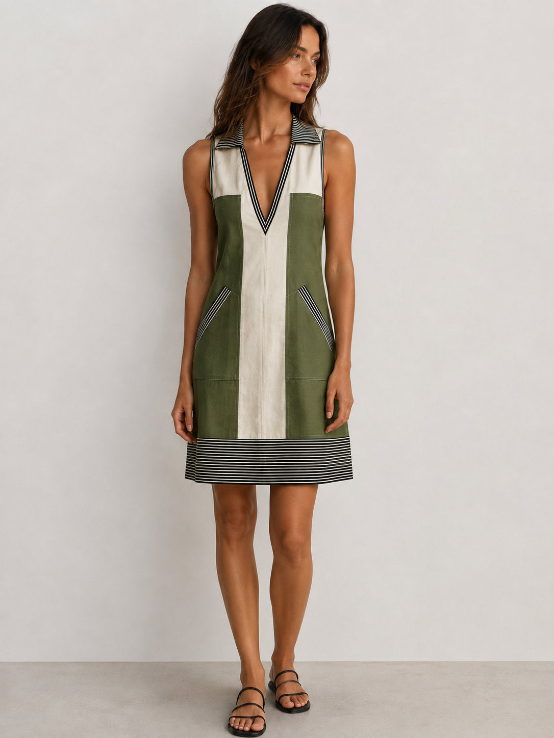 Vestido Safari Bicolor Verde Oliva - vista frontal